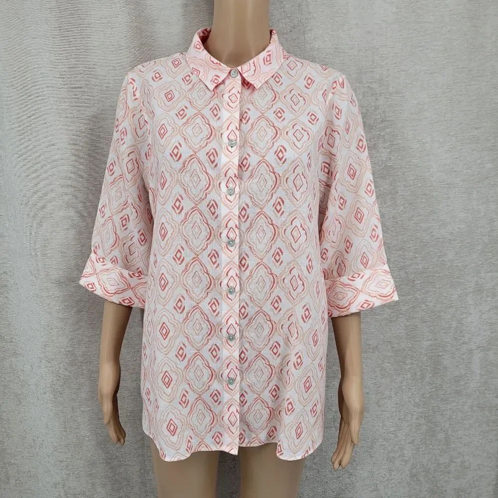 Chico's Linen Blouse White with Coral Geometric Patterned Women's TopāNEW